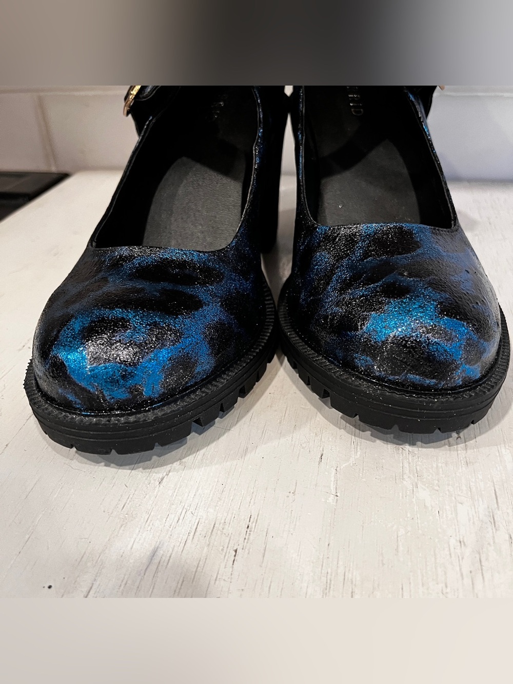 Unique Custom Foil Blue Black Leopard Torrid Mary Jane Heels size 8.5 Wide - Picture 5 of 12